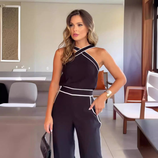 Cross Collar Waist Contrast Color Wide Suits