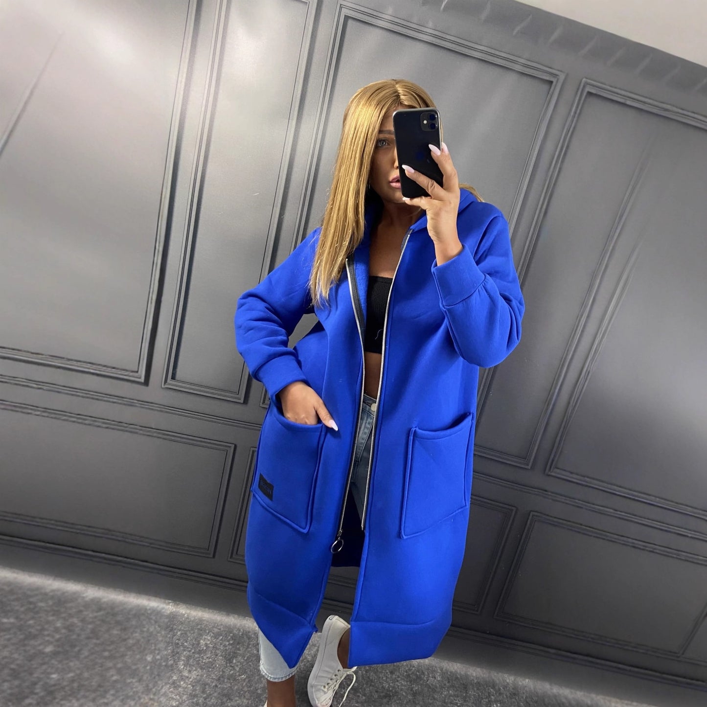 Knit Hooded Dress Brushed Hoody Casual Fashion Large Pocket Women's Sweater, Sweater