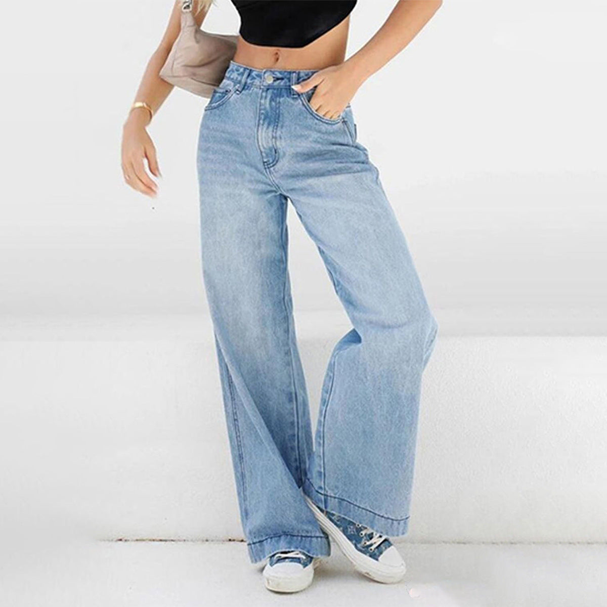 Women's High Waist Loose Wide Legs Mopping Jeans