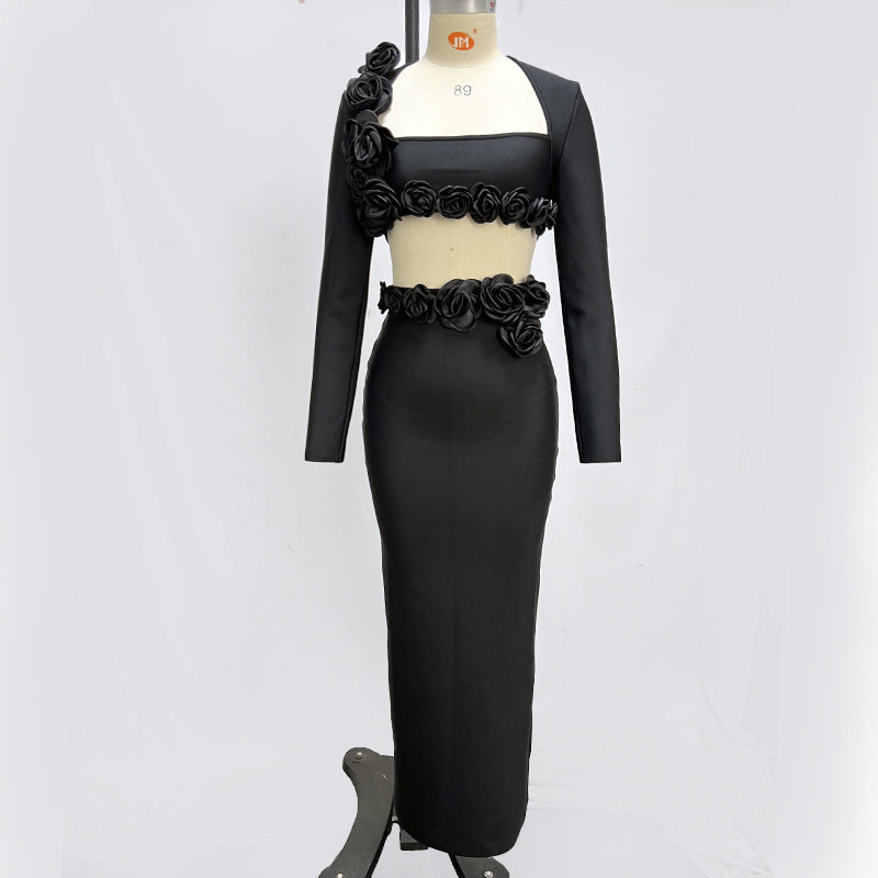 Black White Long-sleeved Flower Bandage Dress Suits