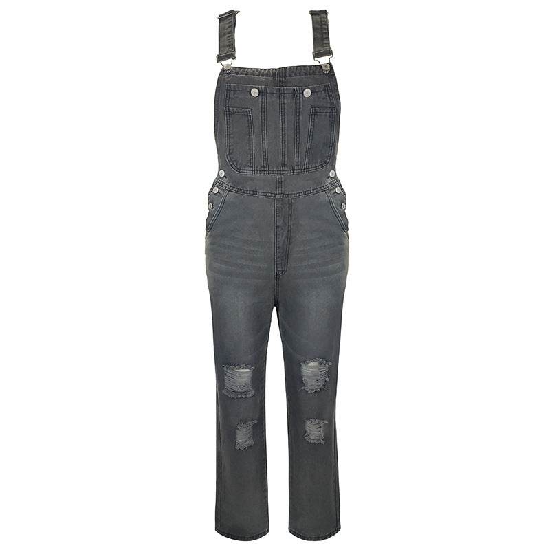 Women's Autumn Washed Cut Simple Straight Suspender Jeans