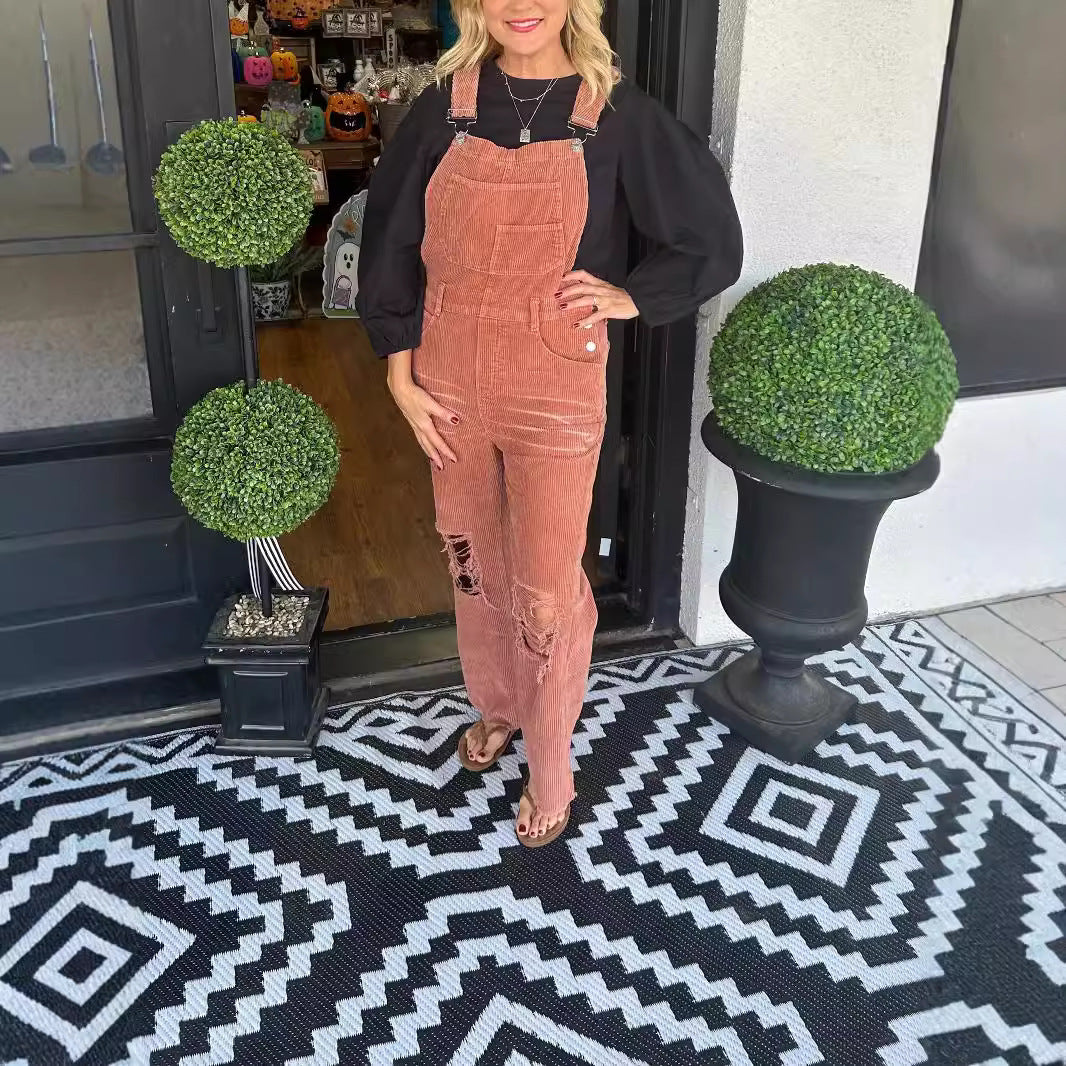 Women's Versatile Corduroy Button Pocket Ripped Suits