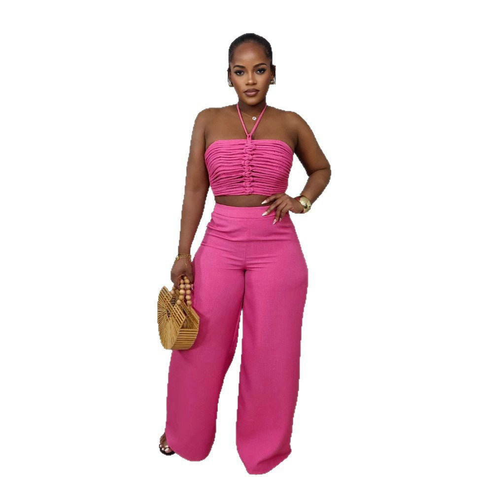 Smocking High Waist Loose Zip Trousers Suits