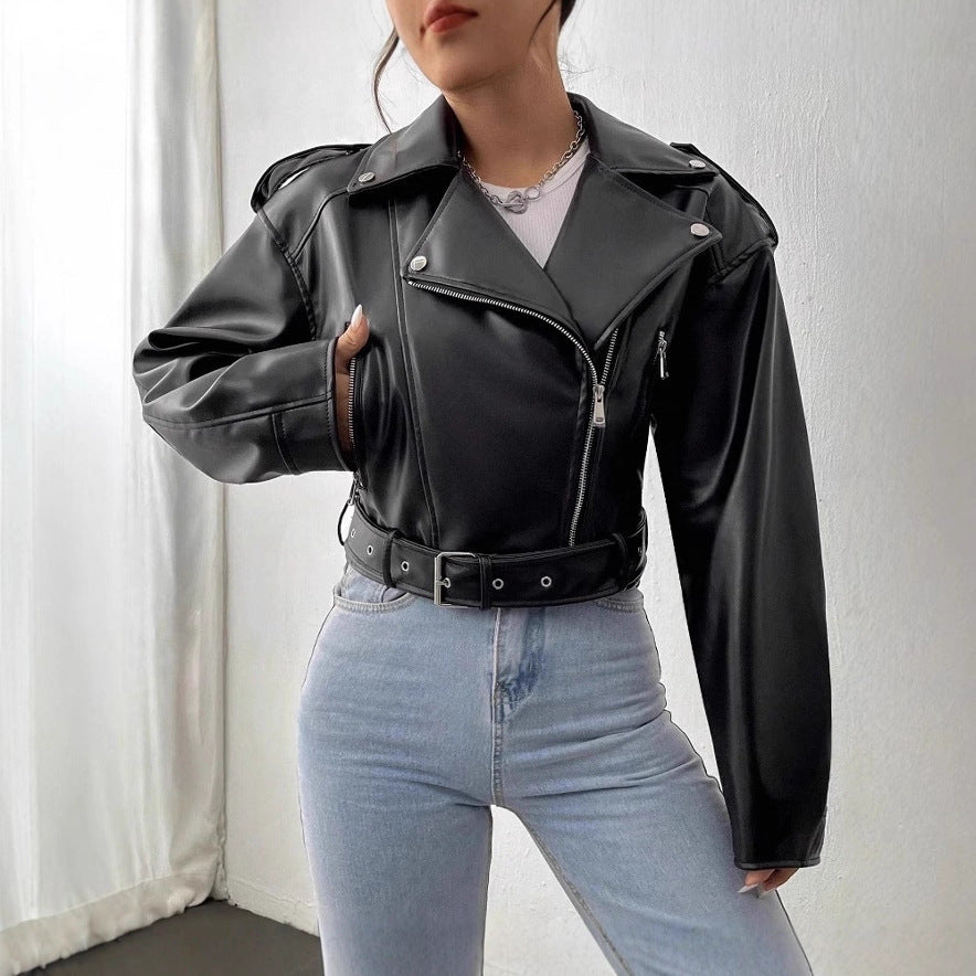 Women's Oblique Zipper Belt Lapel Leather Jackets