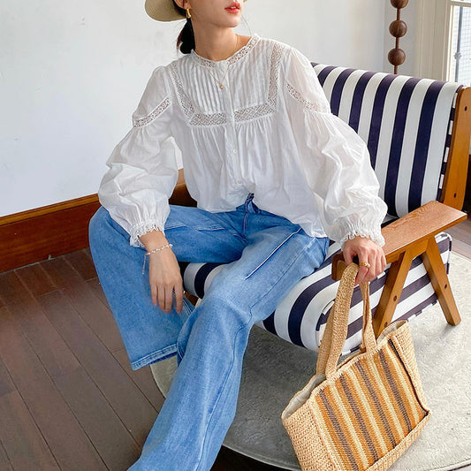 Women's Shirt French White Artistic Retro Long Blouses