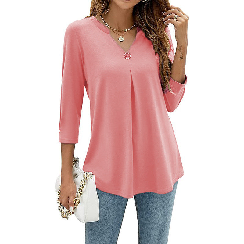 Women's Three-quarter Sleeve Solid Color Clinch Pleated Women's T-shirt