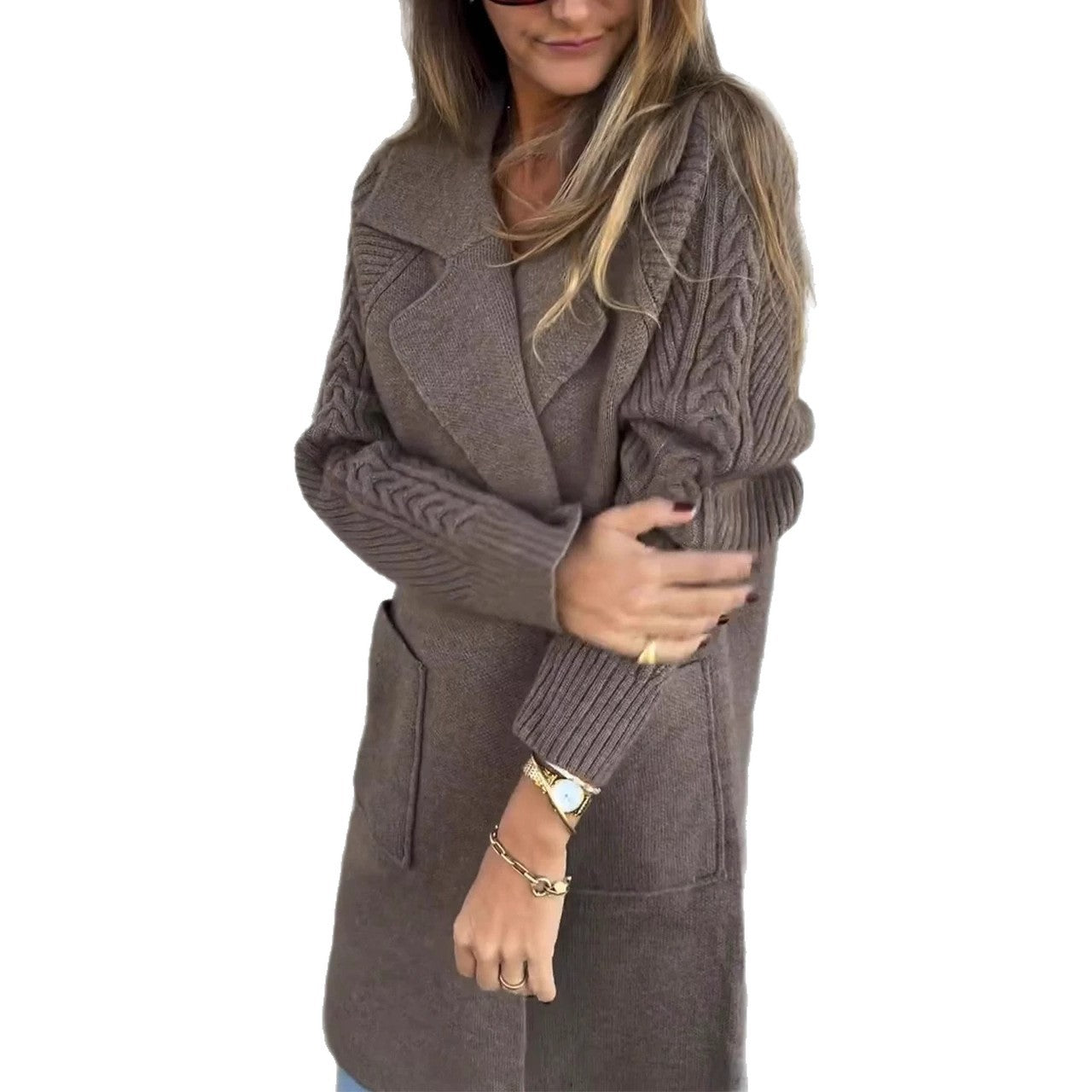 Women's Twist Knit Stitching Lapel Large Coats