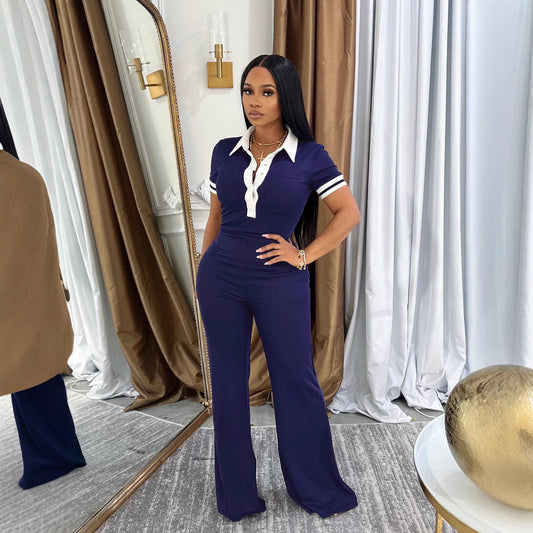 Women's Casual Collar High Waist Wide Leg Contrast Suits