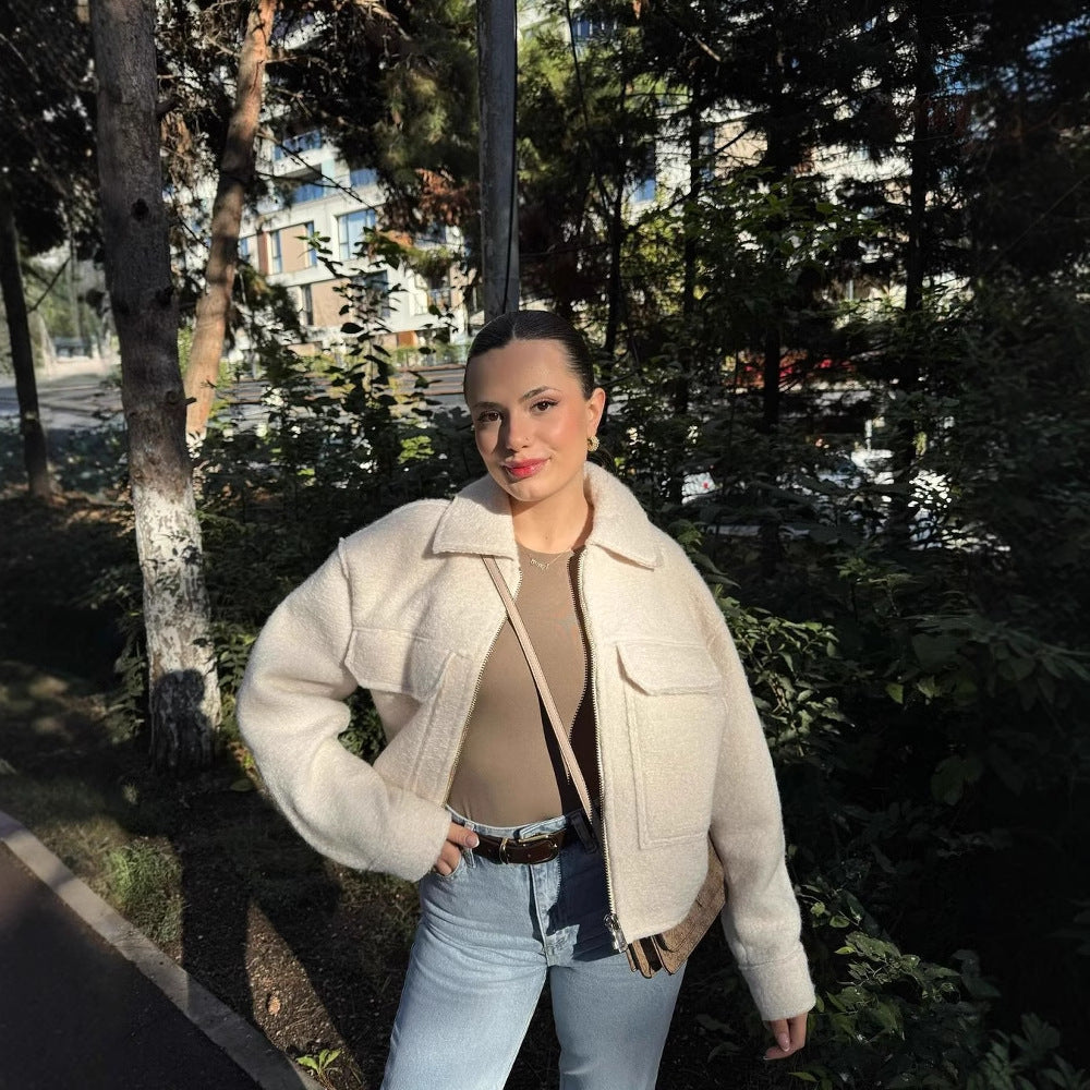 Women's Fashion Beaded Leather Lapels Zipper Jackets