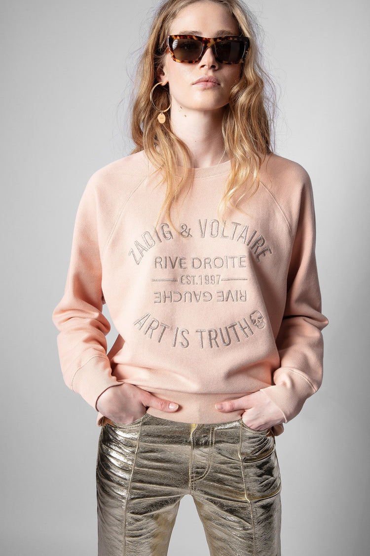 Women's Minority Classic Letter Embroidery Pink Cotton Sweaters