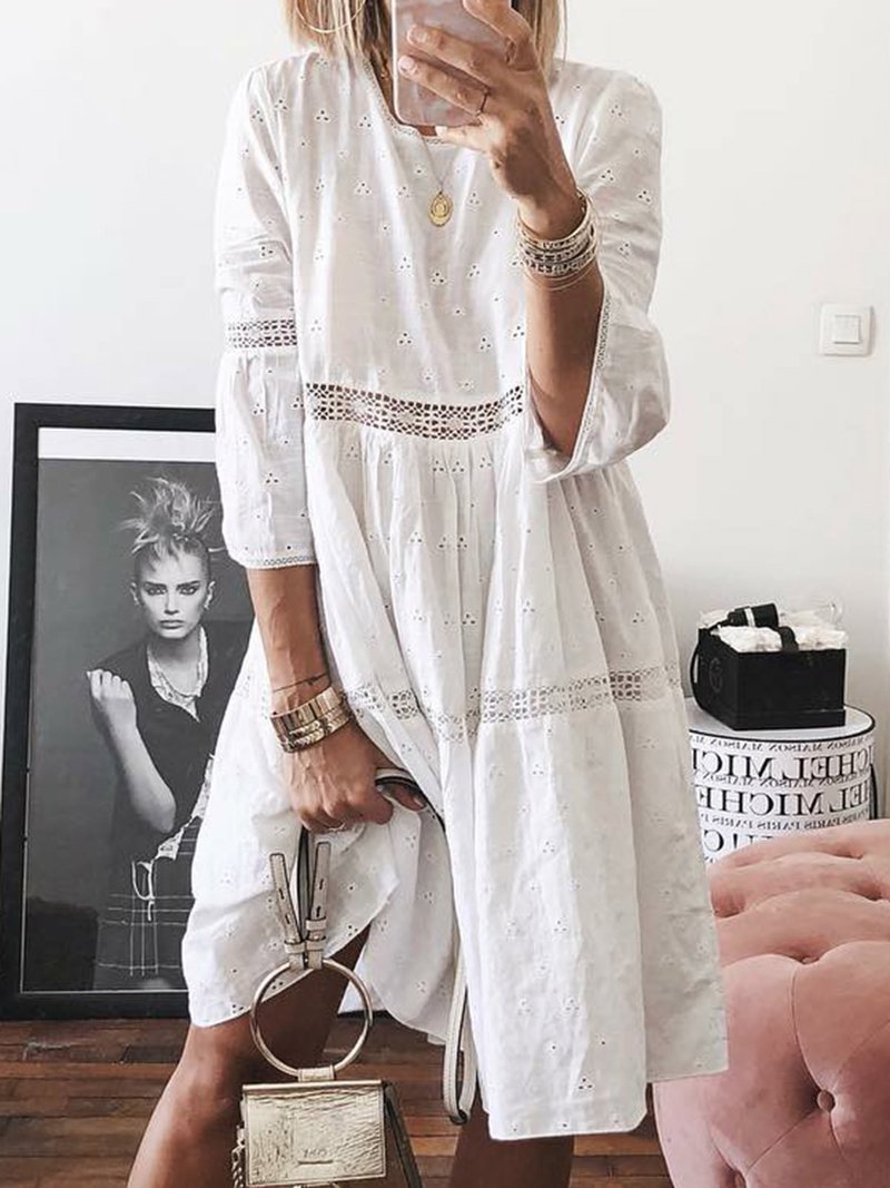 Women's Lace Stitching Hollow Embroidered Sleeve Dress Dresses