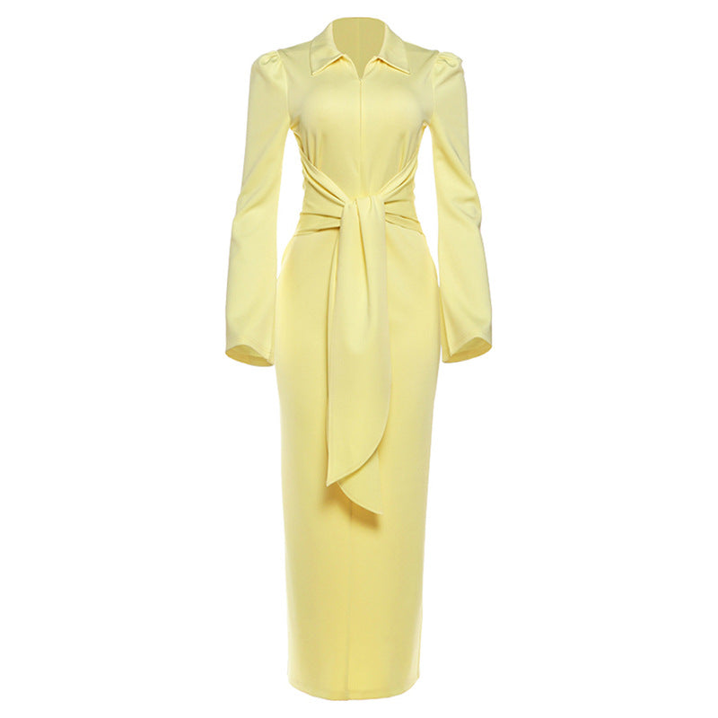 Women's Color Temperament Lapel Waist Tight Lace Dresses