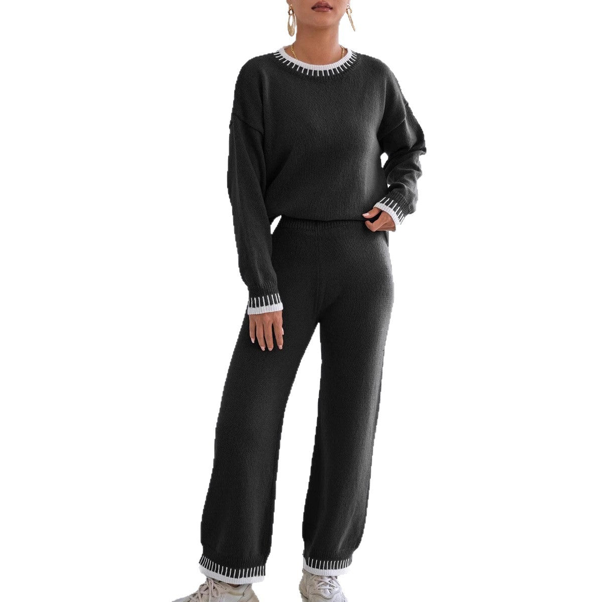 Women's Home Wear Casual Two-piece Color Contrast Patchwork Pullover Straight Sweaters