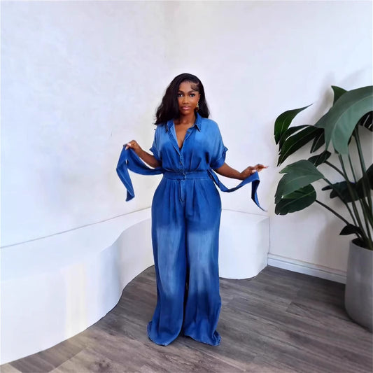 Women's Fashion Wear Turn-down Collar Short-sleeved Loose Jumpsuits
