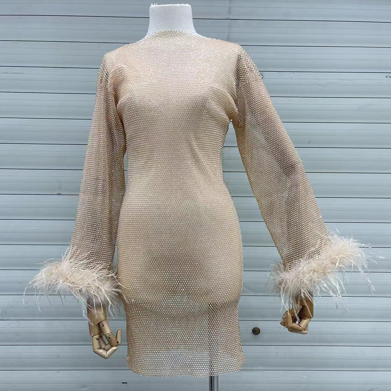 Fashion Luxury Hollow Mesh Ostrich Feather Slimming Bottoming Dresses