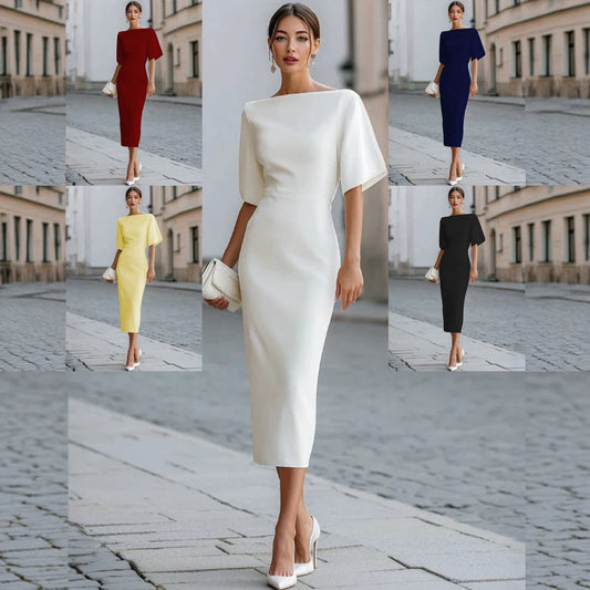 Women's Color Round Neck Shirt With Half Sleeve Elegant Dress