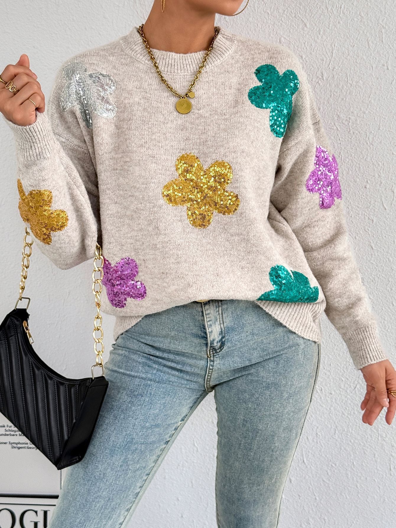 Flower Sequined Embroidered Knitted Pullover Round Sweaters