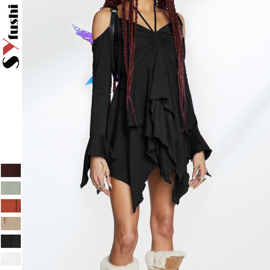 Women's Style Milk Silk Patchwork Cold-shoulder Long Sleeve High Waist Slip Clothing
