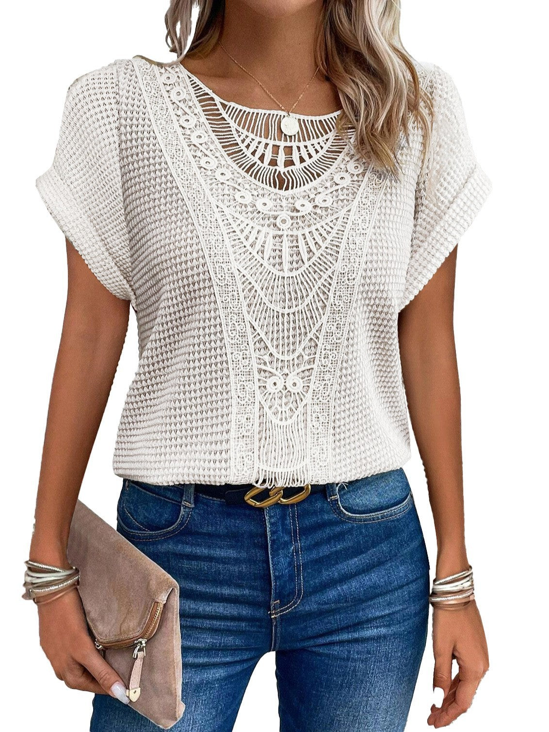 Pretty Fashion Women's Lace Patchwork Short-sleeved Women's T-shirt