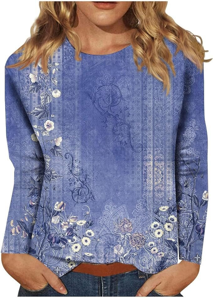 Women's Round Neck Long Sleeve Loose Print Tops