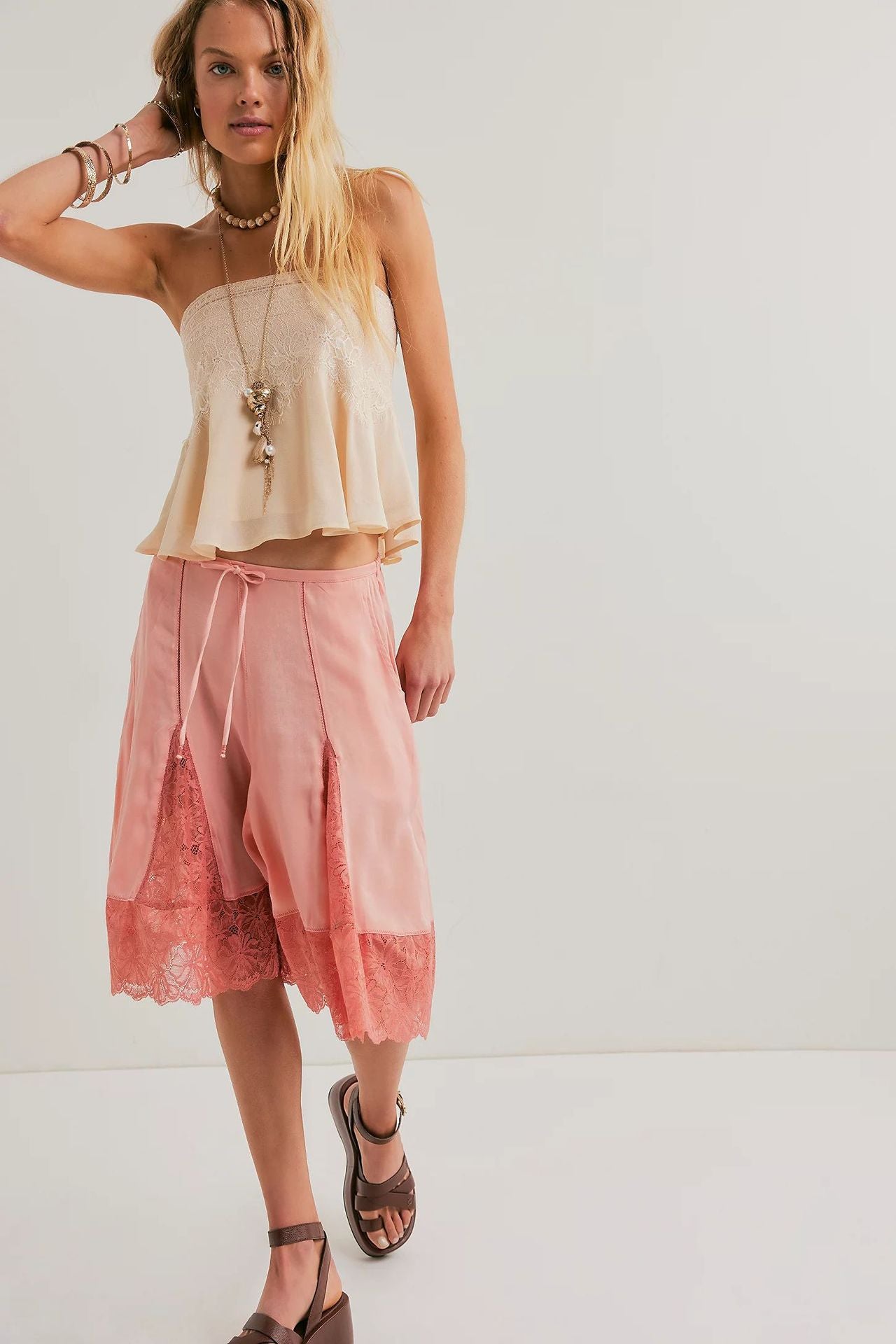 Women's Thin Satin Lace Sexy Cropped Solid Pants