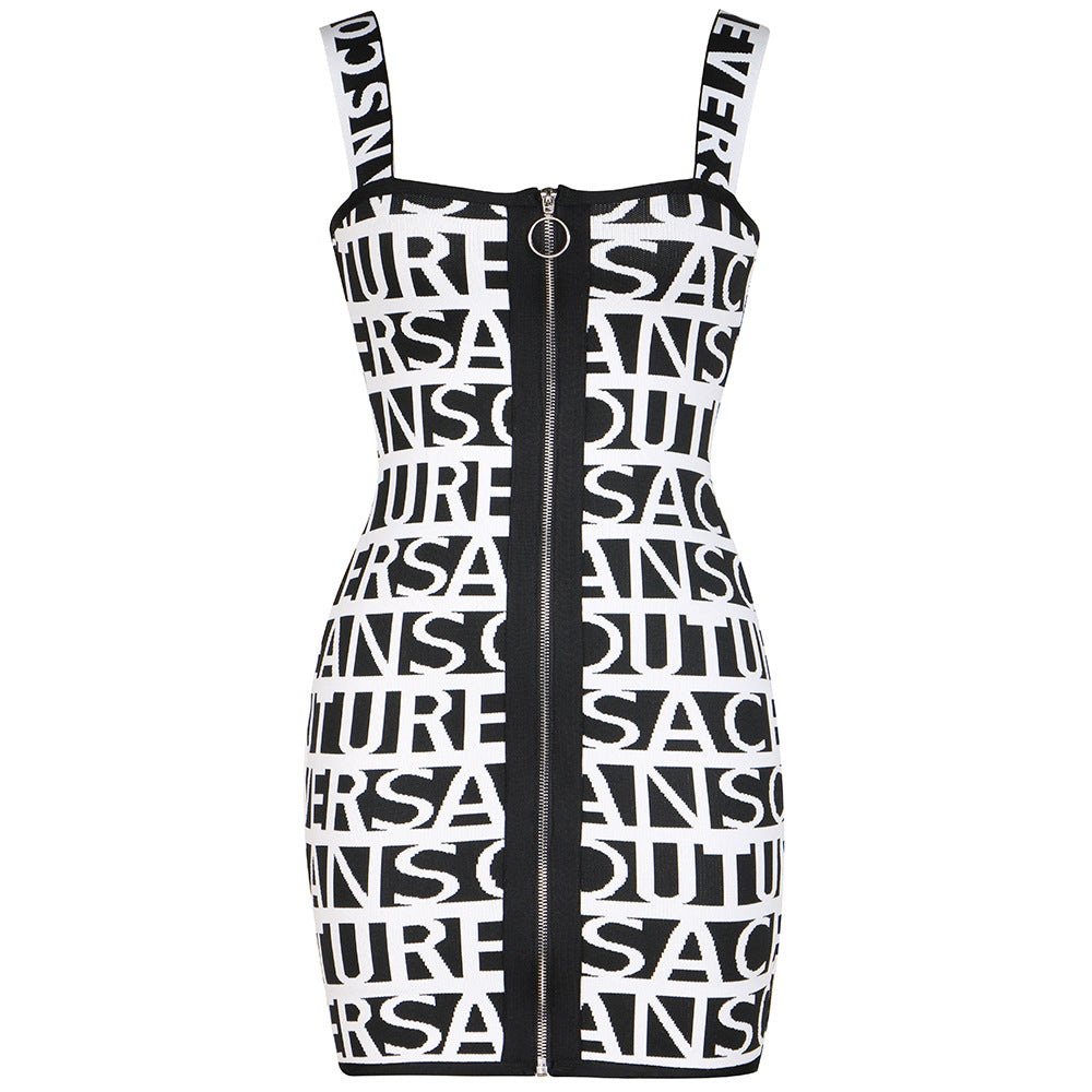 Letter Jacquard Front Metal Zipper Sling Dresses