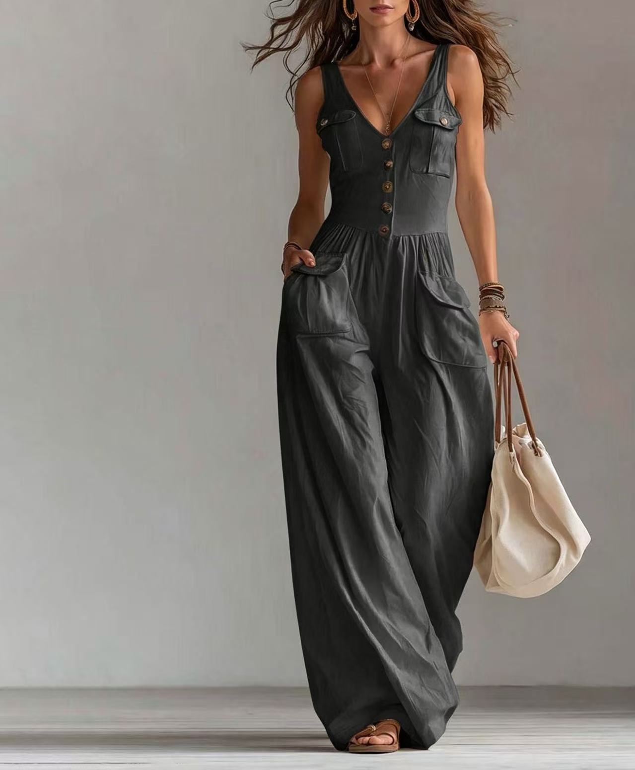 Women's Summer Solid Color Buttons Loose Casual Women's Jumpsuit/clothing