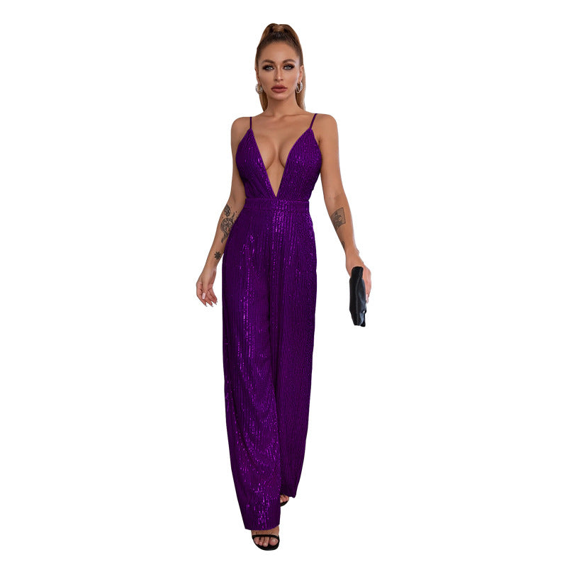 Women's Sequined Sleeveless Hot Deep Backless Sling Jumpsuits
