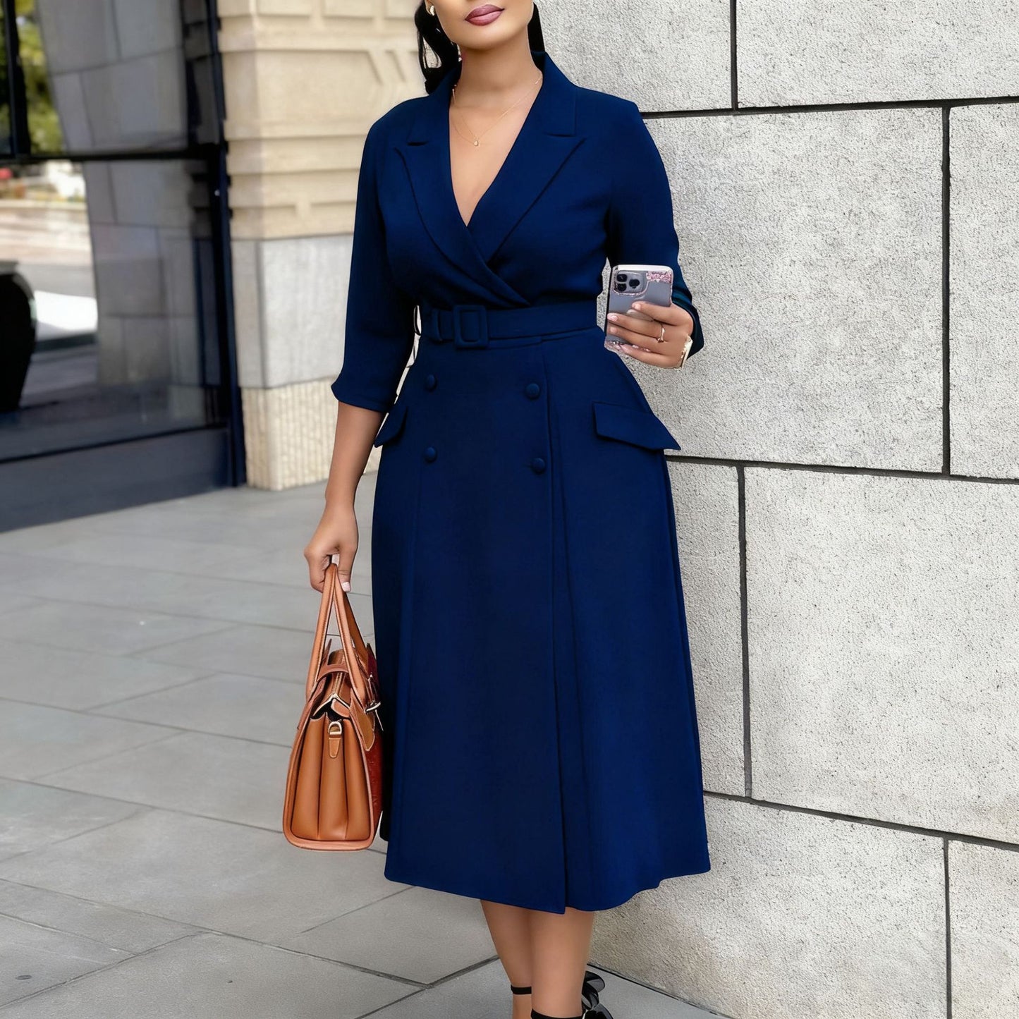 Women's Fashion Long Sleeve Collar Double Breasted Midi Dresses