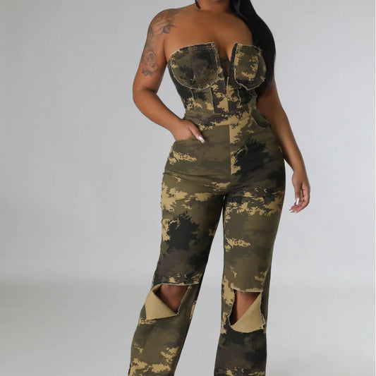 Women's Autumn Wear Tube Camouflage Fashion Western Jumpsuits