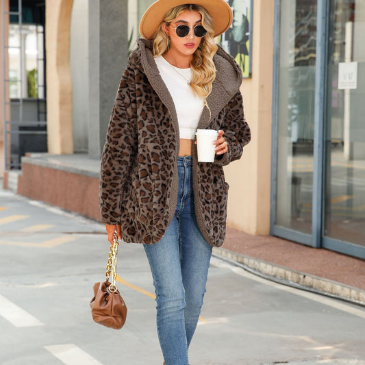 Women's Sleeve Loose Pockets Mid-length Fluffy Leopard Sweaters