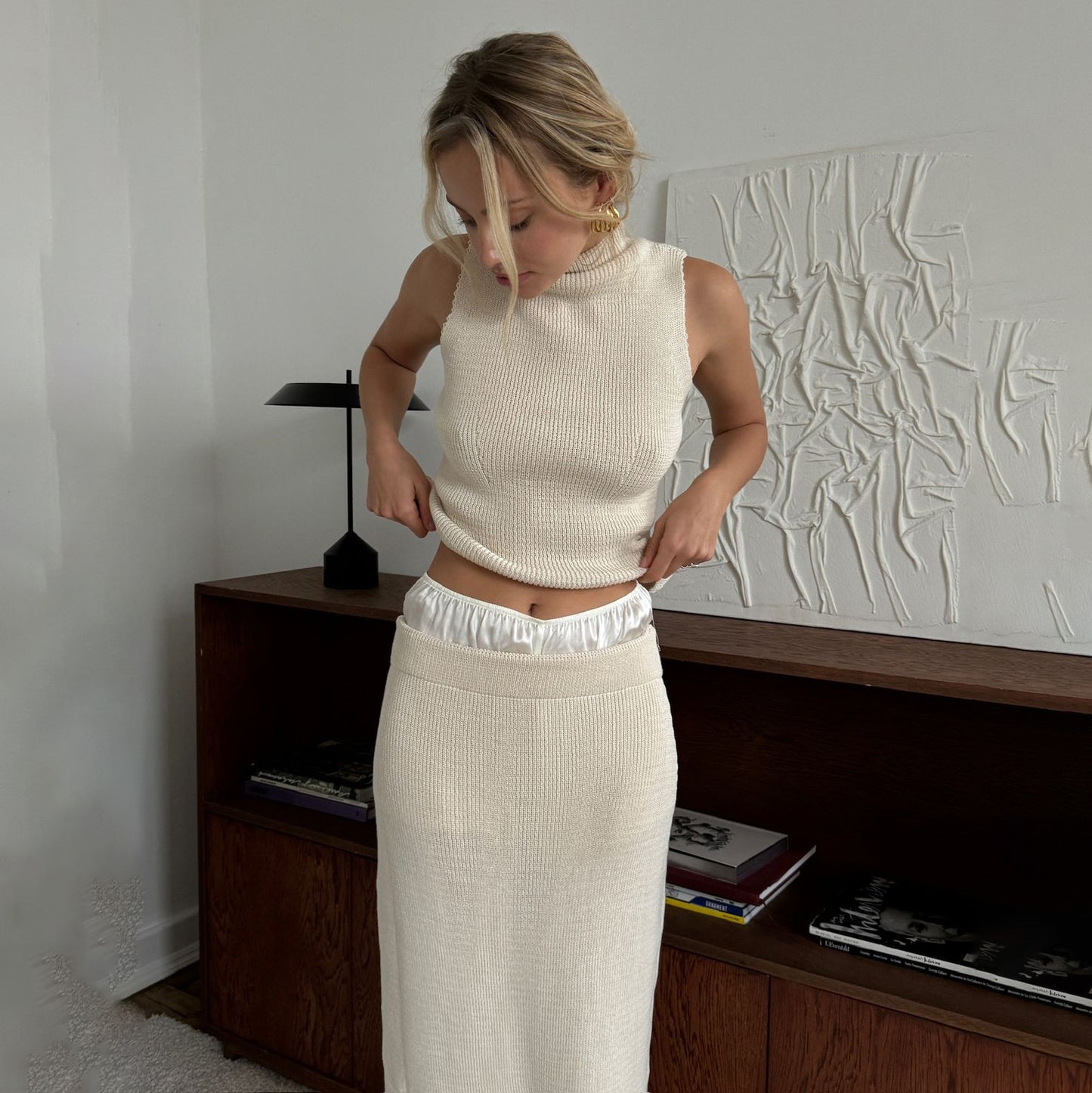 Women's French Style Sleeveless Turtleneck Cotton Wool Suits