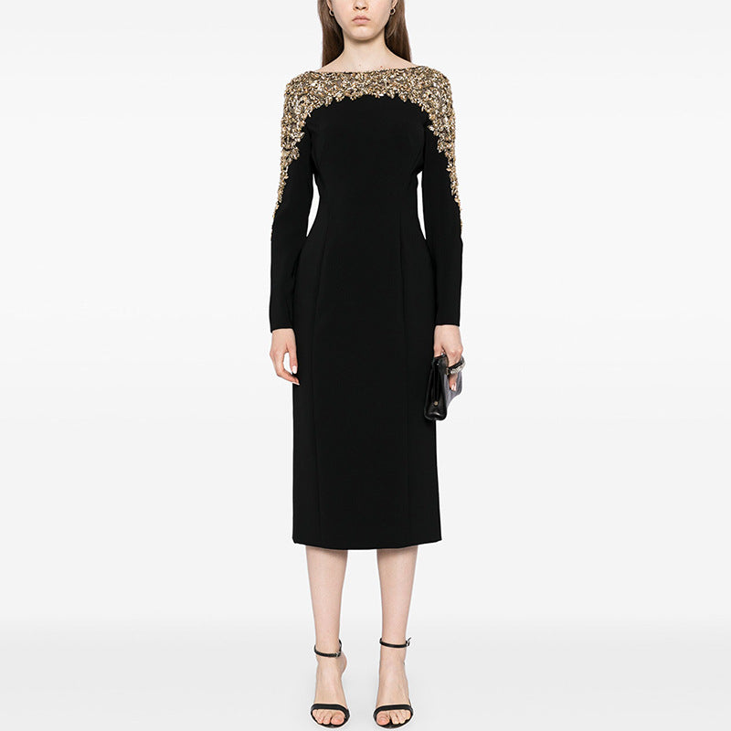 Fashion Stitching Mesh Beads Rhinestones Mid-length Dress