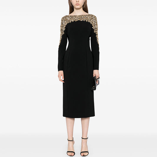 Fashion Stitching Mesh Beads Rhinestones Mid-length Dress