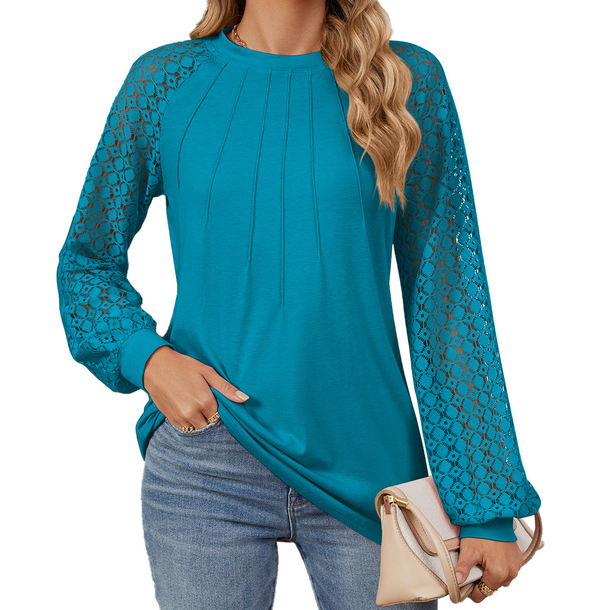 Women's Lace Patchwork Round Neck Long Sleeve Tops