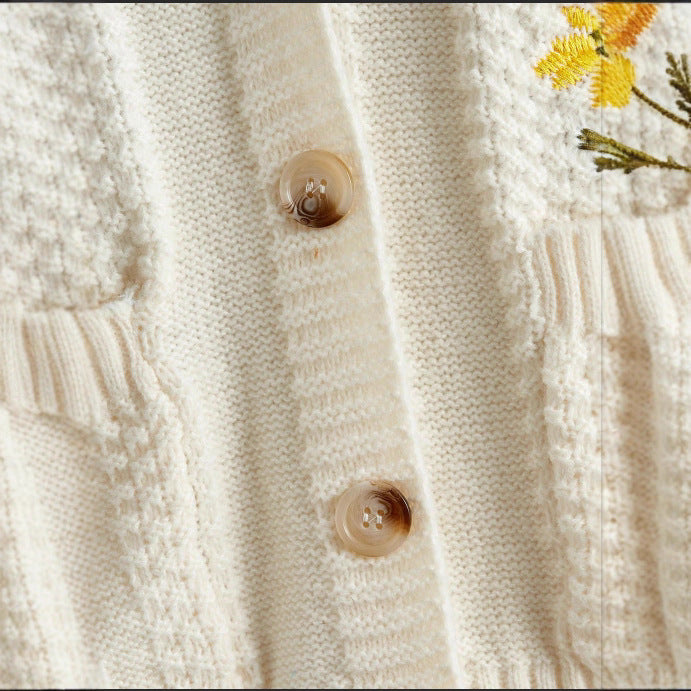 Flower Embroidered Button Round Neck Knitted Coats