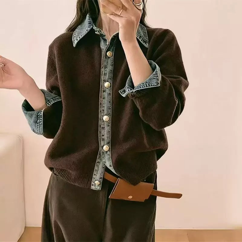 Denim Stitching Fake Two Pieces Female Sweaters