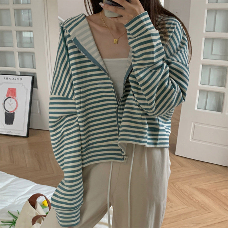 Women's Style Vintage Stripe Hoodie Casual Zipper Tops