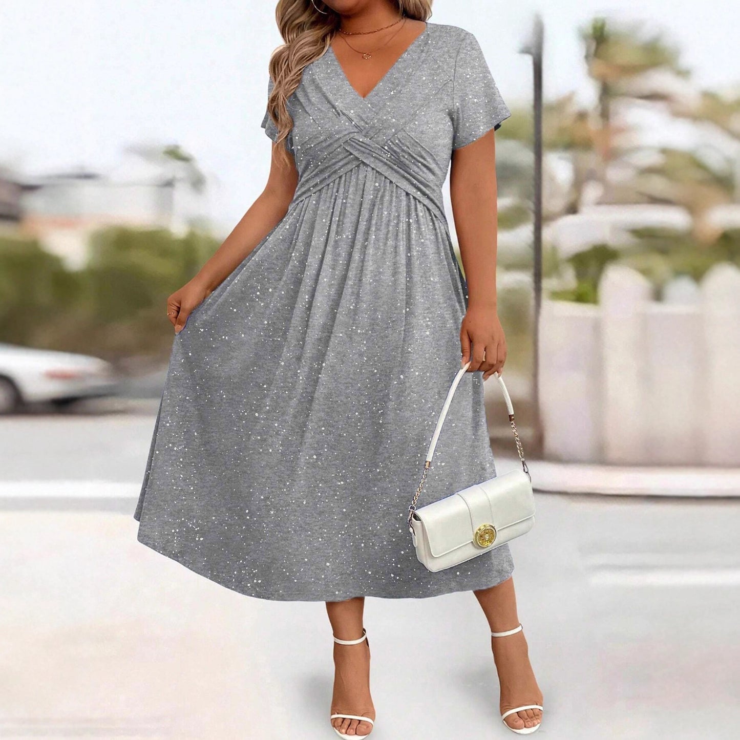 Women's Waist Tight Shiny Crystal Dusting Powder Twisted Dress