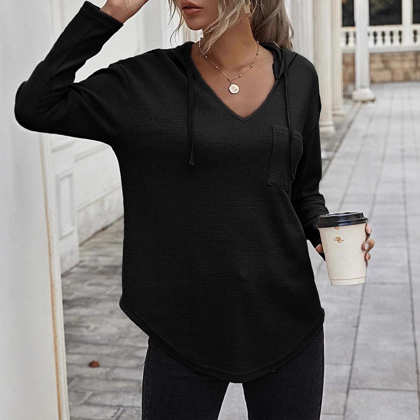 Women's Xi Waffle Casual Fashion Solid Color Hooded Knitted Patch Pocket Blouses