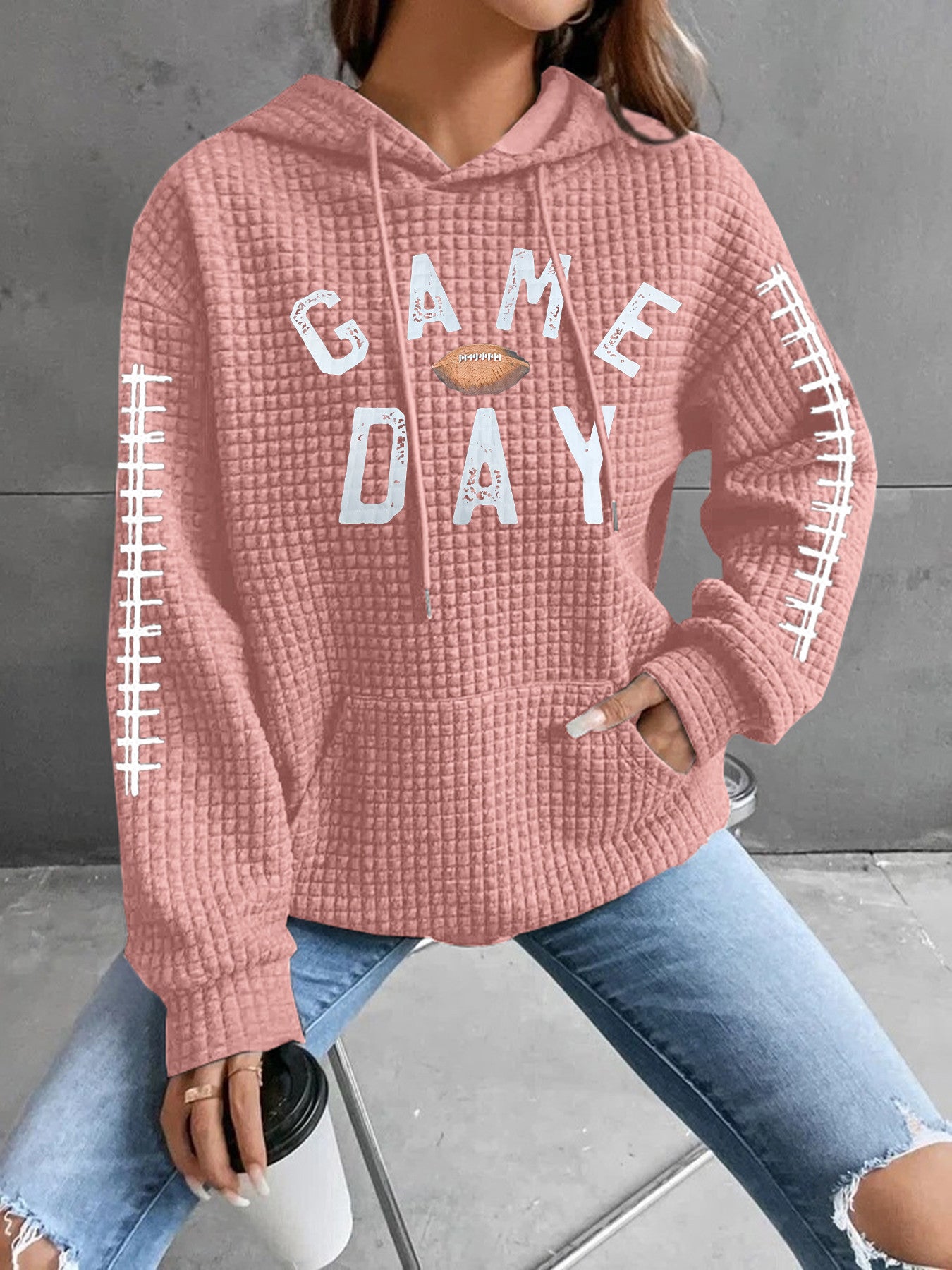 Women's Waffle Match Day Letter Print Round Women's Sweater, Sweater