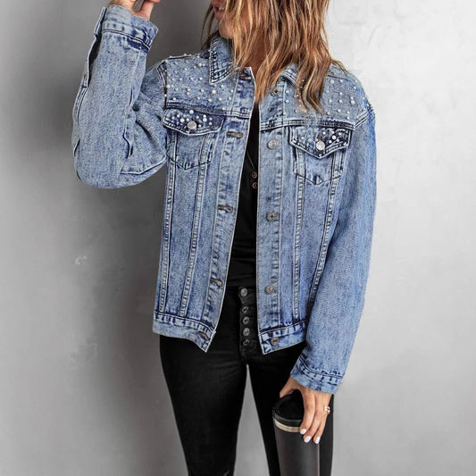 Unique Classic Lady's Denim Beaded Casual Jackets