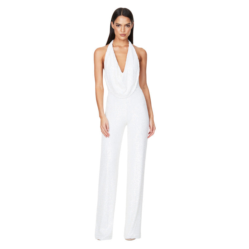 Women's Casual Summer Sleeveless Halter Sequined Jumpsuits