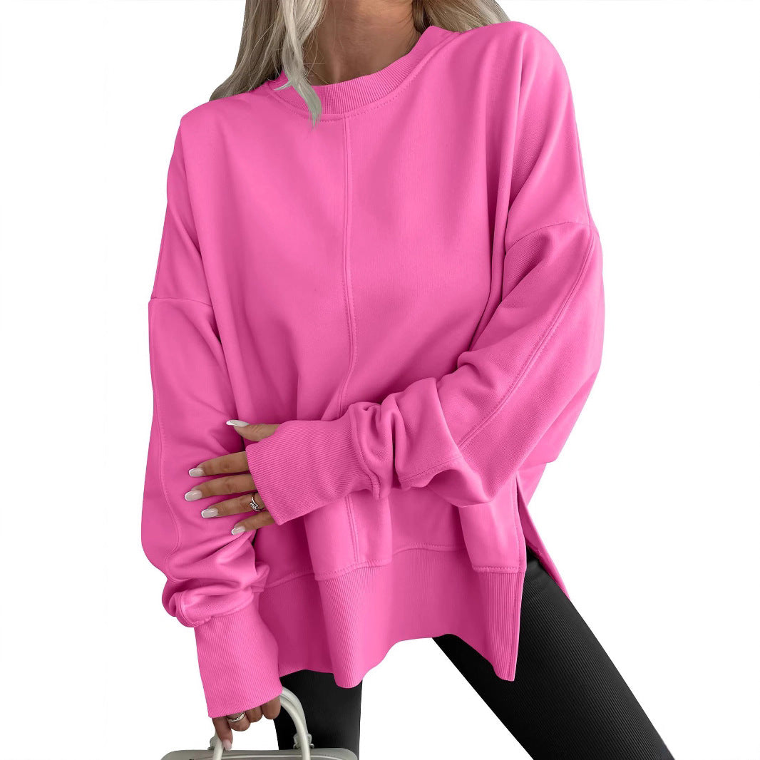 Loose Side Slit Patchwork Round Neck Bat Sleeve Sweaters
