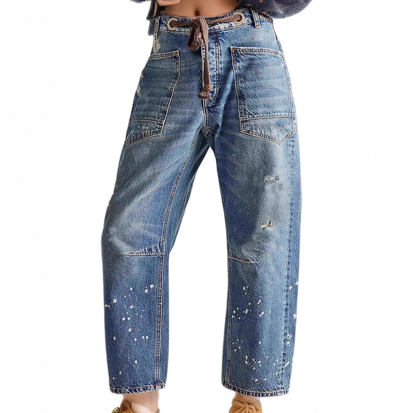 Women's Stitching Summer Loose Straight Drawstring Lace Jeans