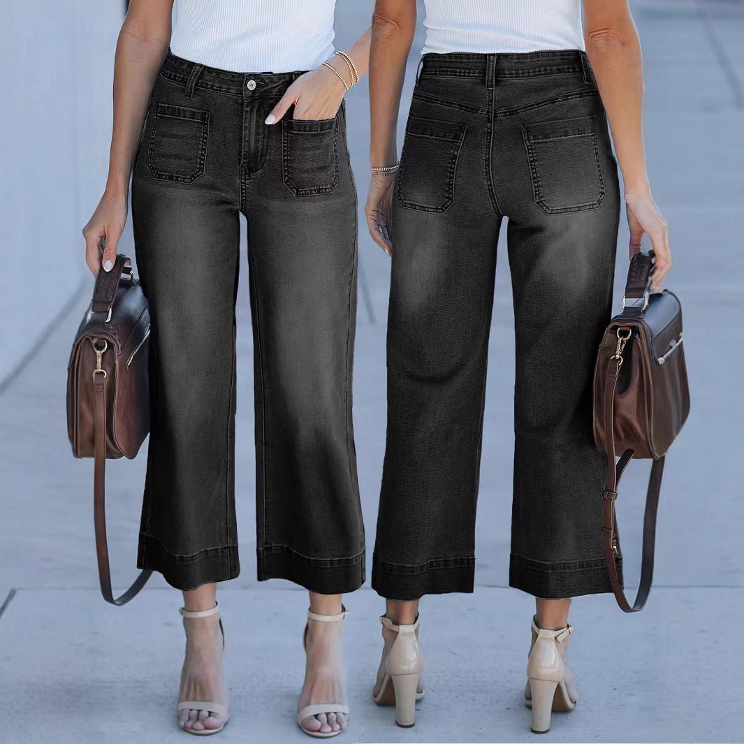 Loose Slimming Wide Leg Washed Cropped Women's Jeans