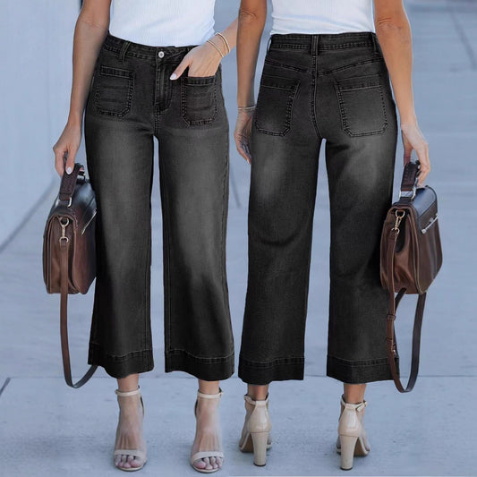 Loose Slimming Wide Leg Washed Cropped Women's Jeans
