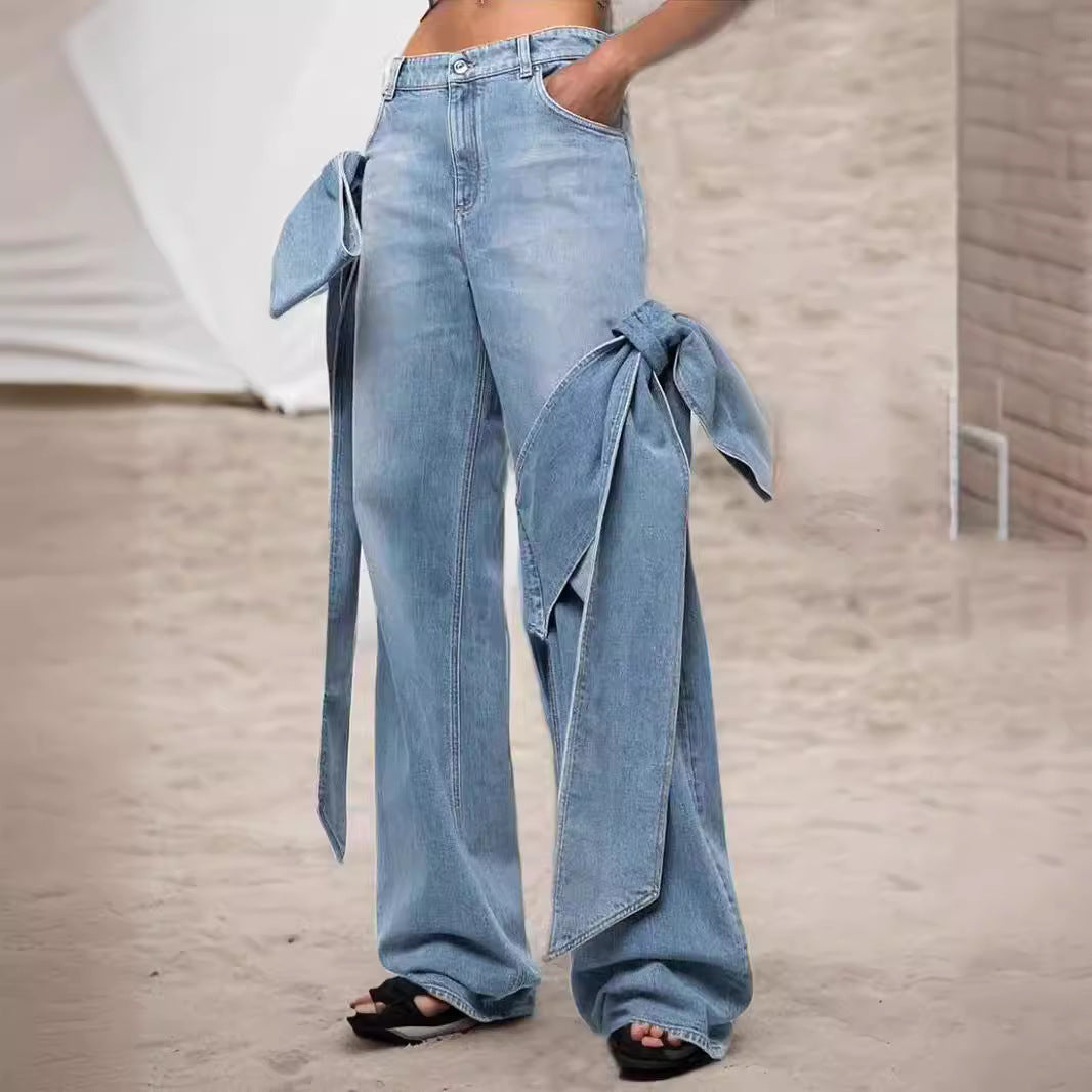 Women's Spring Washed Distressed Stitching Bow Design High Jeans