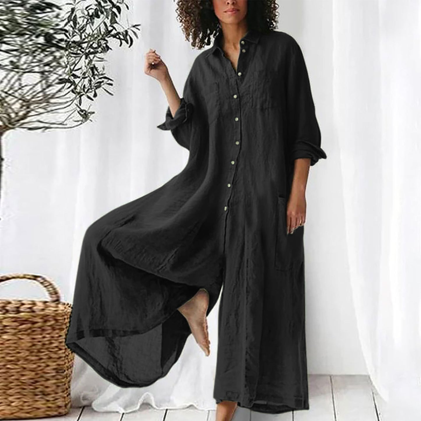 Women's Color Casual Long Sleeves Mid-length Cotton Jumpsuits