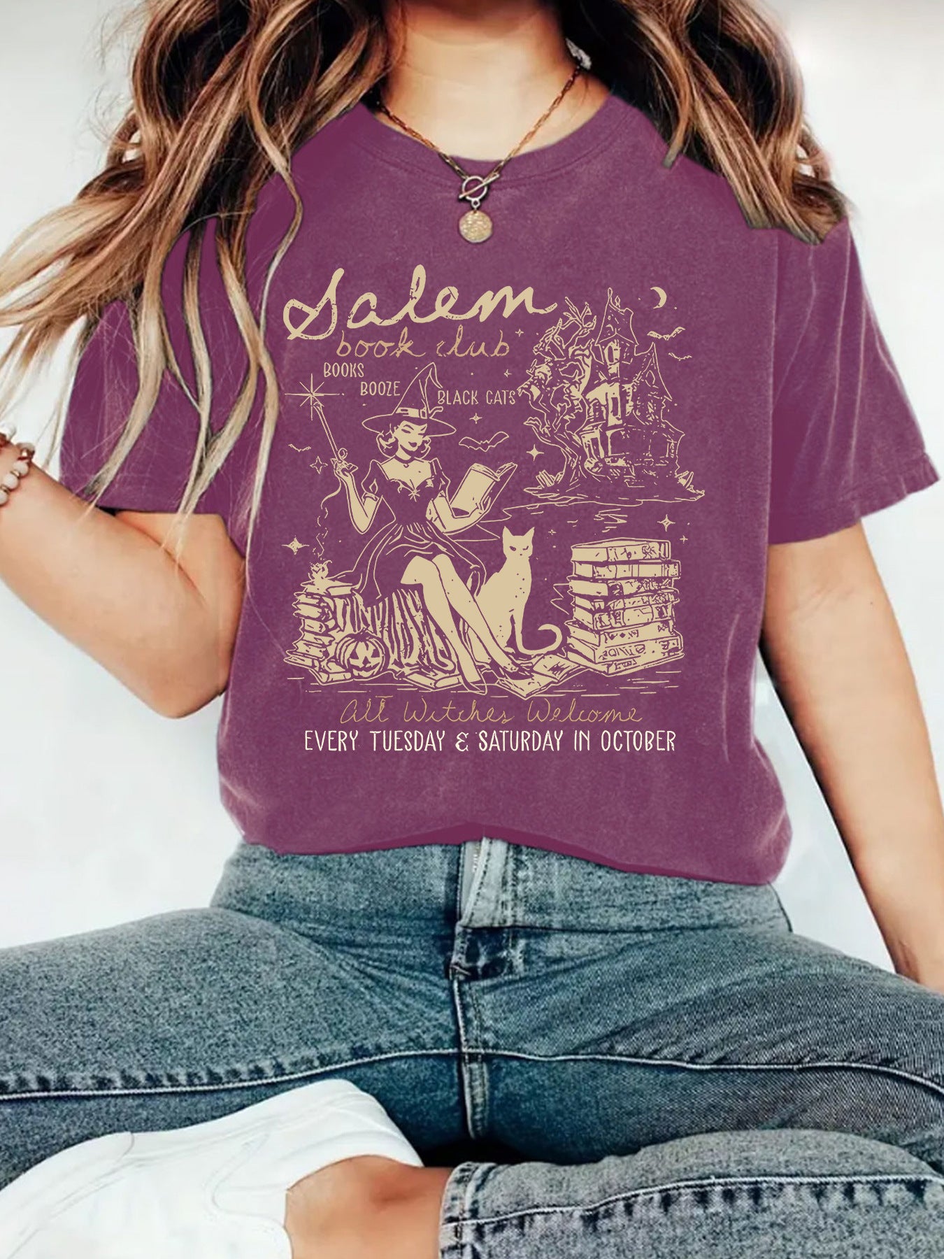 Women's Summer Salem Witch Pattern Halloween Printed Round Neck Women's T-shirt
